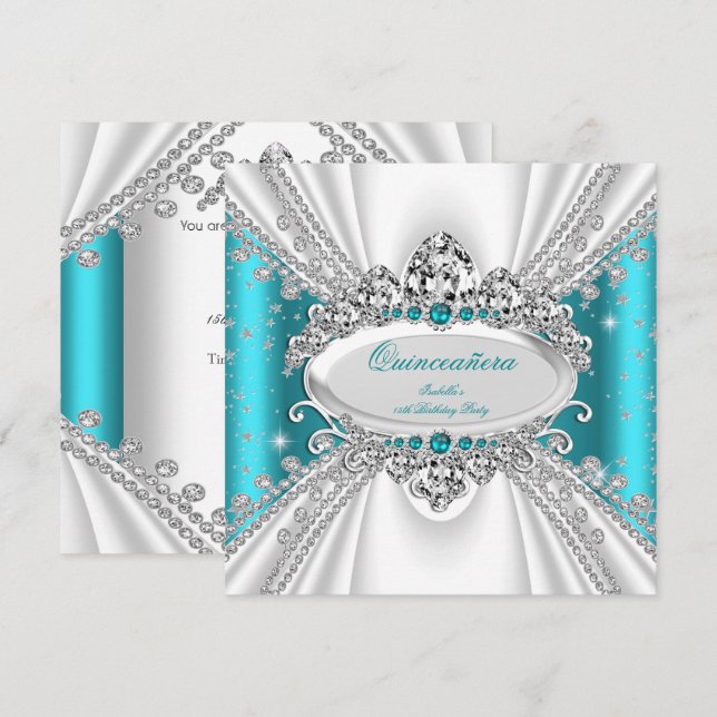 Invitation Quinceanera 15ème Princesse Turquoise Tiara Diamon (Devant / Derrière)