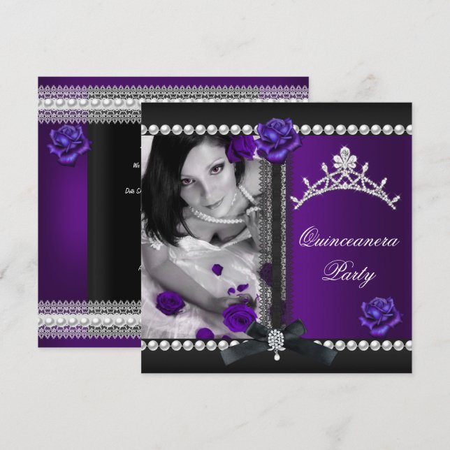 Invitation Quinceanera 15ème Rose violet Black Pearl (Devant / Derrière)