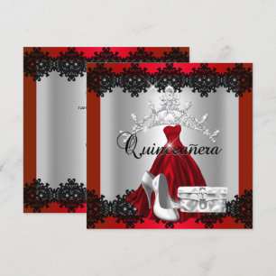 Invitation Quinceanera 15ème Rouge Noir Diamant d'Argent Tiar