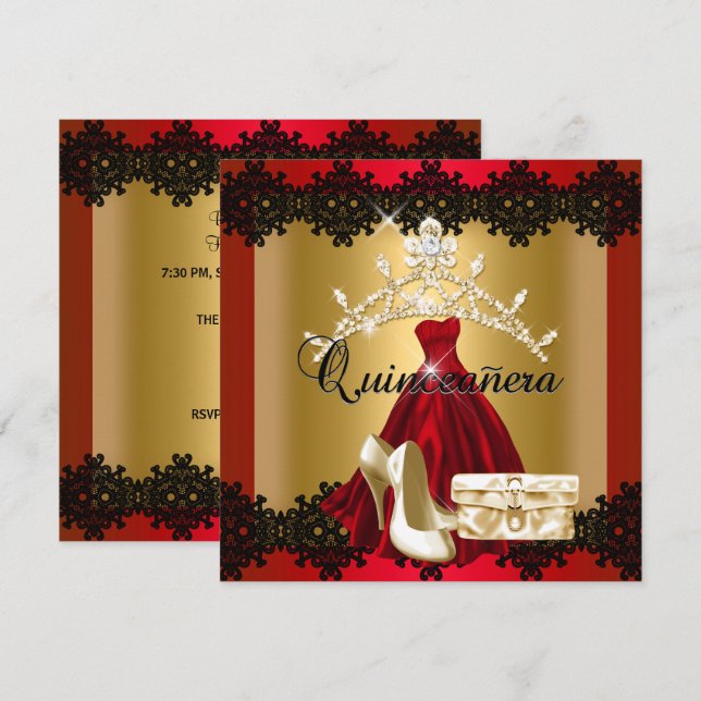 Invitation Quinceanera 15ème Rouge Noir Diamant Tiara (Devant / Derrière)