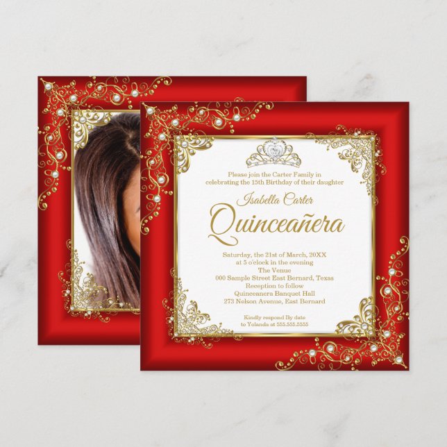 Invitation Quinceanera 15ème Rouge Or blanc Pearl Tiara Photo (Devant / Derrière)