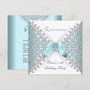 Invitation Quinceanera 15ème Turquoise Bleu Blanc Faux Diaman