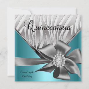 Invitation Quinceanera 15ème Turquoise Bleu Gris Bow