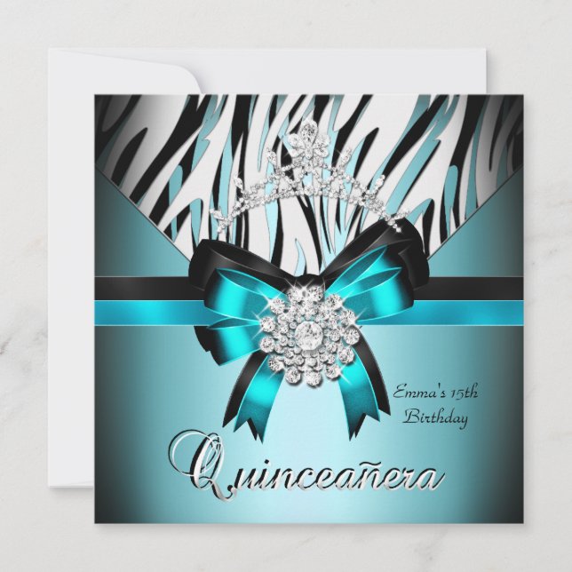 Invitation Quinceanera 15ème Turquoise bleu noir Zebra Argent (Devant)