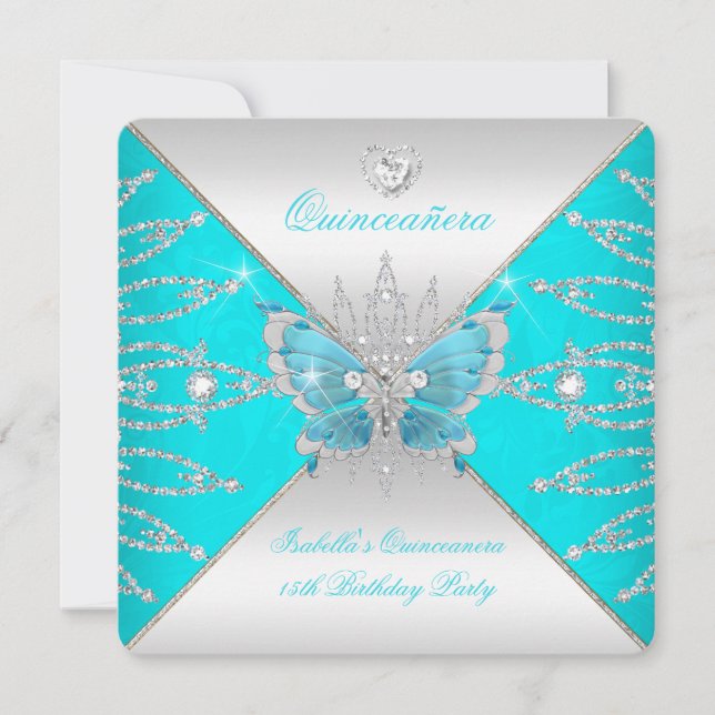 Invitation Quinceanera 15ème Turquoise Bleu Papillon Argent T (Devant)