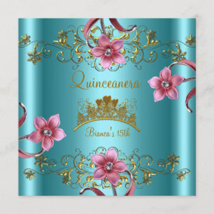 Invitation Quinceanera 15ème Turquoise bleu rose Fleurs Or Ti