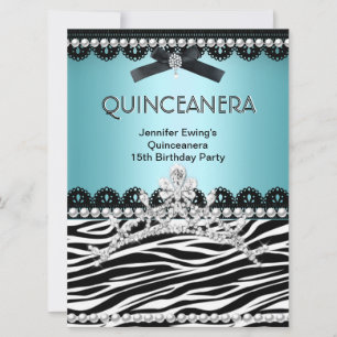 Invitation Quinceanera 15ème Turquoise bleu Zèbre noir Tiara