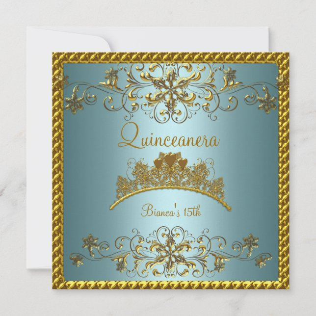 Invitation Quinceanera 15ème Turquoise Blue Gold Tiara (Devant)