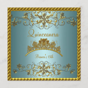 Invitation Quinceanera 15ème Turquoise Blue Gold Tiara