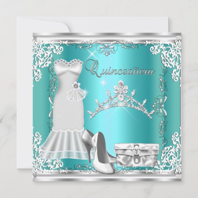 Invitation Quinceanera 15ème Turquoise Blue Silver Diamond Ti (Devant)