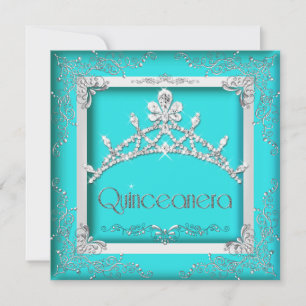 Invitation Quinceanera 15ème Turquoise Silver Tiara 15 Party