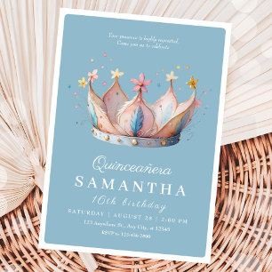 Invitation Quinceañera 16 Royal Blue Floral Gold Crown