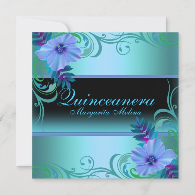 Invitation Quinceanera à fleurs violettes et bleue (Devant)