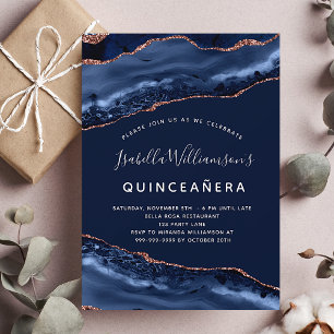 Invitation Quinceanera agate marbre marine bleu rose or