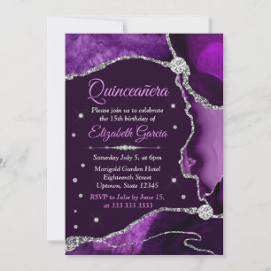 Invitation Quinceanera agate pailleté violet et argent