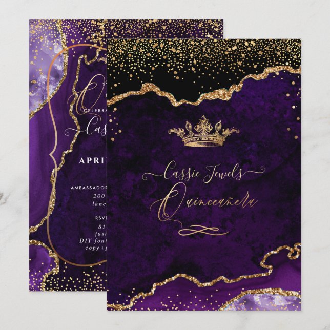 Invitation Quinceanera, Agate Violet Faux Gold Confetti Invit (Devant / Derrière)
