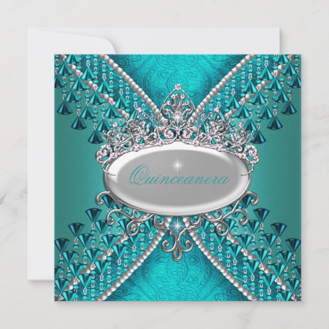 Invitation Quinceanera Annithday Party Turquoise Blue perles (Devant)