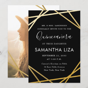 Invitation Quinceañera Anniversaire Black Gold Photo moderne