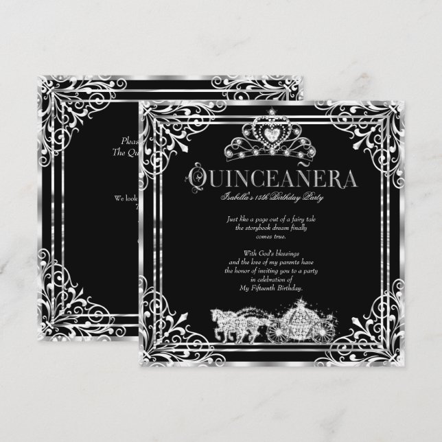 Invitation Quinceanera Anniversaire Cheval Carriage Argent No (Devant / Derrière)