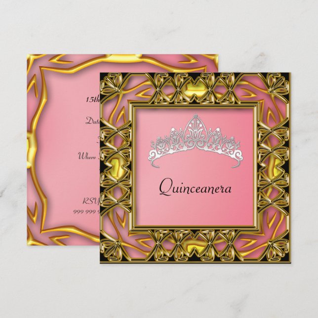 Invitation Quinceanera Anniversaire de fête Gold et saumon (Devant / Derrière)