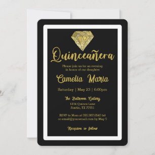 Invitation Quinceañera Anniversaire Diamond Glam Black Gold