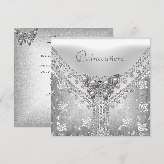 Invitation Quinceanera Anniversaire Fête Argent Blanc Papillo (Devant / Derrière)