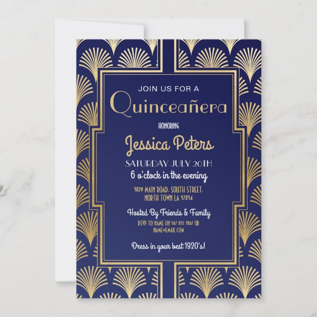Invitation Quinceanera Anniversaire Gatsby Art Déco Gold (Devant)