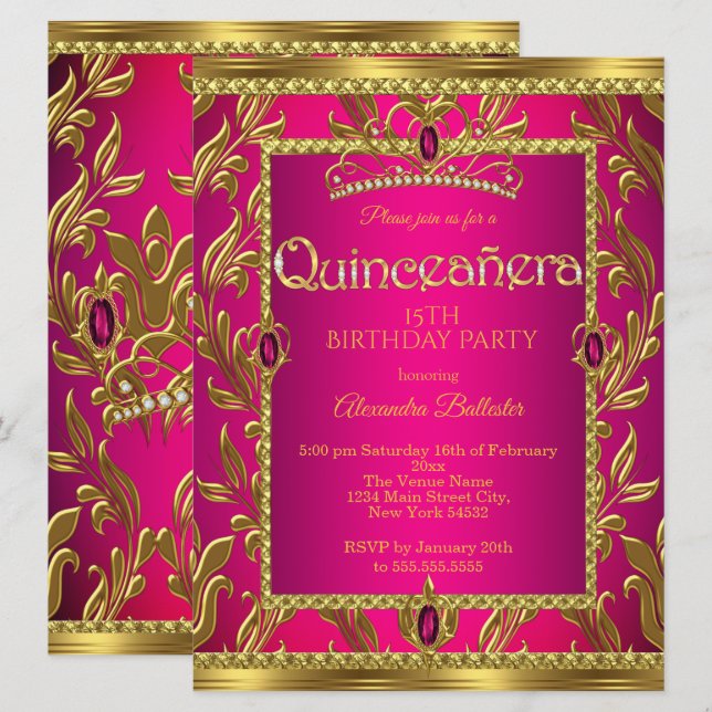 Invitation Quinceanera Anniversaire Hot Pink Jewel Tiara Gold (Devant / Derrière)