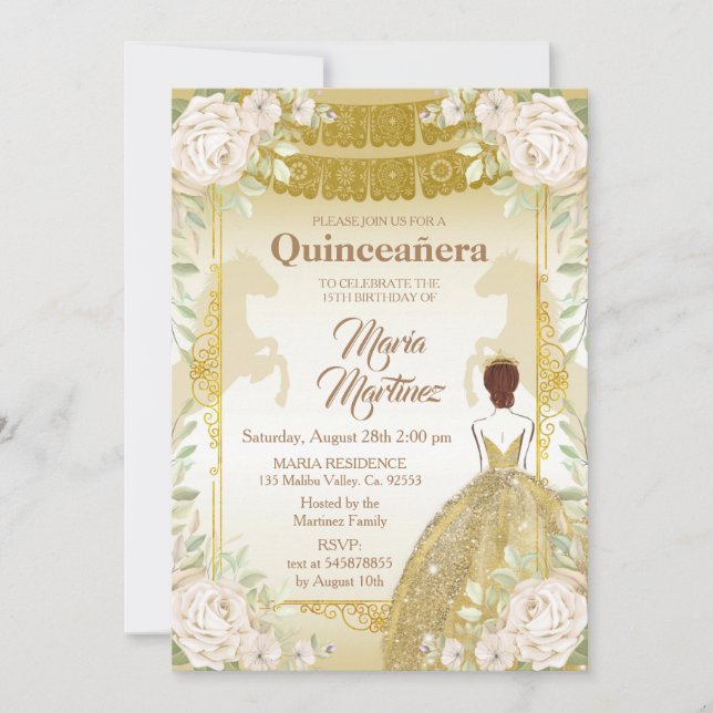 Invitation Quinceanera Anniversaire mexicain blanc et or  (Devant)