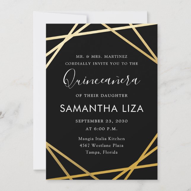 Invitation Quinceañera Anniversaire Noir Or Moderne (Devant)