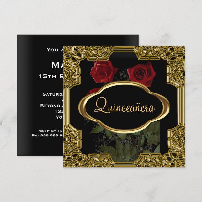 Invitation Quinceanera Anniversaire Party Gold Noir (Devant / Derrière)