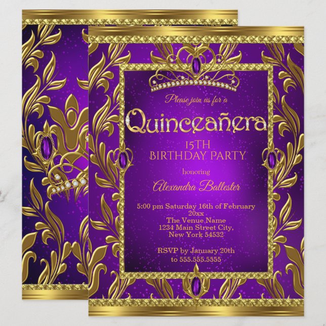 Invitation Quinceanera Anniversaire Purple Bleu Tiara Or (Devant / Derrière)
