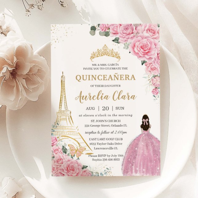 Invitation Quinceañera Anniversaire Rose Floral Paris Eiffel  (baby-pink-floral-roses-gold-eiffel-paris-princess-quinceanera-xv-sweet-16-birthday-invitation)