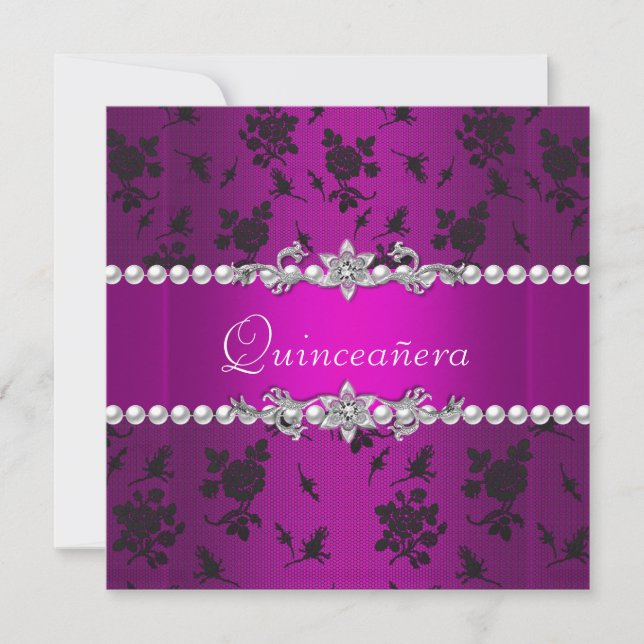 Invitation Quinceañera Anniversaire rose violet noir argent (Devant)