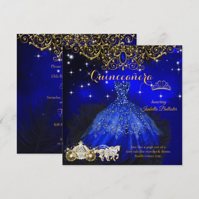 Invitation Quinceanera Anniversaire Royal Blue Fairytale Tiar (Devant / Derrière)