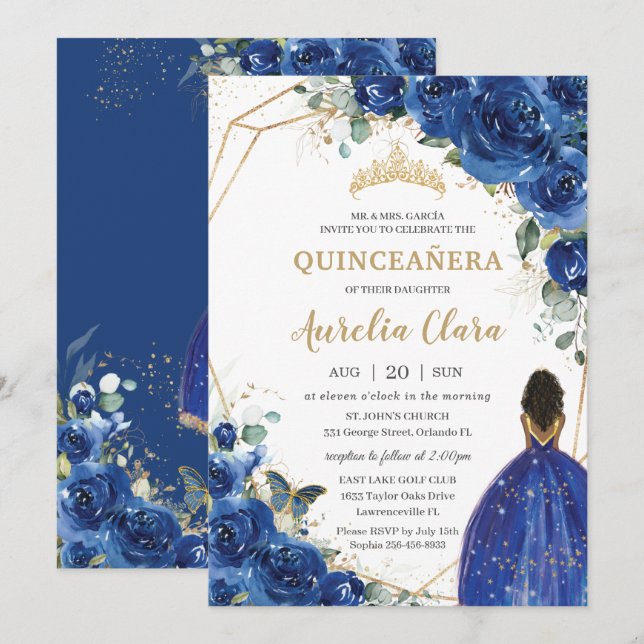 Invitation Quinceañera Anniversaire Royal Blue Floral Princes (Devant / Derrière)