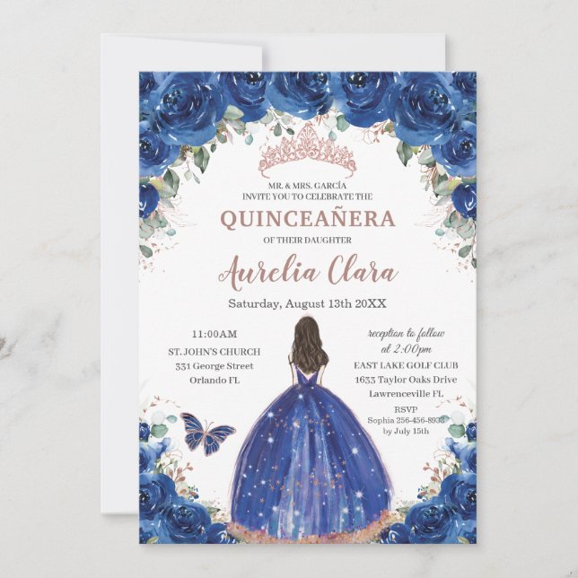 Invitation Quinceañera Anniversaire Royal Blue Floral Princes (Devant)