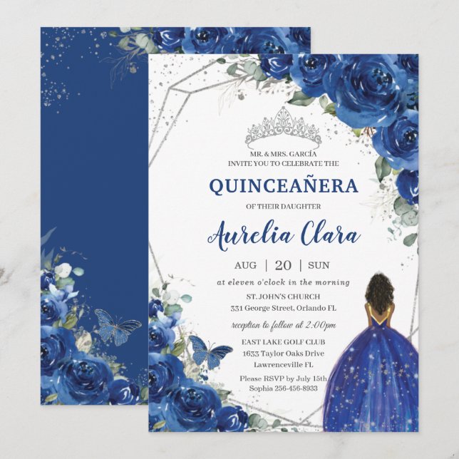 Invitation Quinceañera Anniversaire Royal Blue Floral Princes (Devant / Derrière)