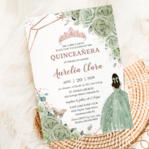 Invitation Quinceañera Anniversaire Sage Vert Floral Rose Or