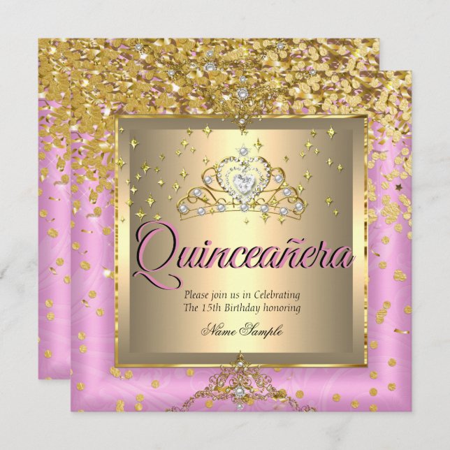 Invitation Quinceanera Anniversaire Soirée Gold Rose (Devant / Derrière)