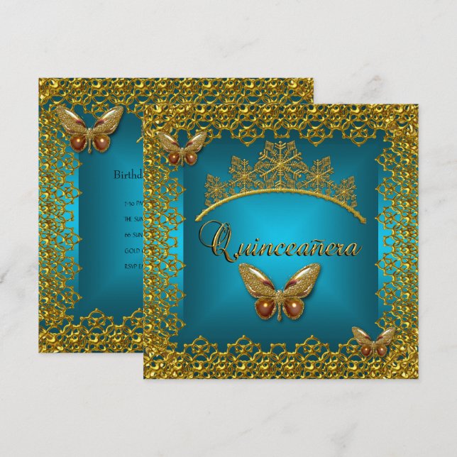 Invitation Quinceanera Anniversaire Turquoise Gold Tiara Butt (Devant / Derrière)