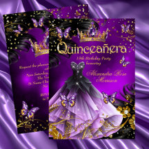Quinceanera anniversaire violet Robe d'or papillon
