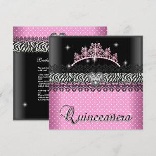 Invitation Quinceanera Anniversaire Zebra Rose Noir Blanc