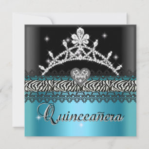 Invitation Quinceanera Anniversaire Zebra Turquoise bleu noir