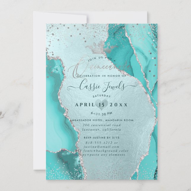 Invitation Quinceanera, Aqua Blue Agate Faux Silver Confetti (Dos)