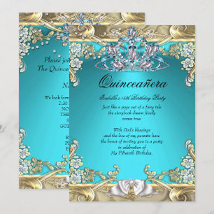 Invitation Quinceanera Aqua Gold Turquoise 15e anniversaire f
