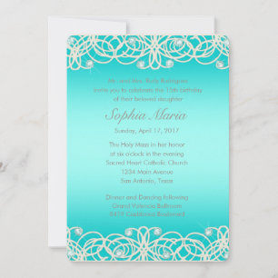 Invitation Quinceanera Aqua Turquoise Éperche et dentelle