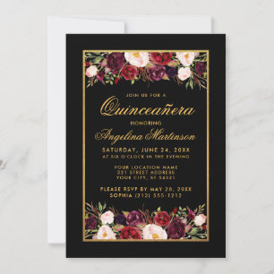 Invitation Quinceanera Aquarelle Bourgogne Floral Noir Or