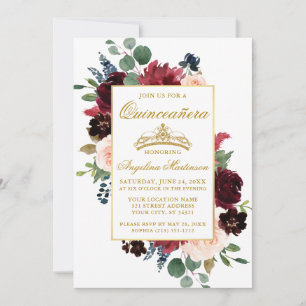 Invitation Quinceanera Aquarelle Bourgogne Rose Floral