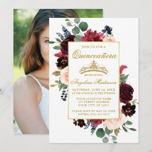 Invitation Quinceanera Aquarelle Bourgogne Rose Photo Florale